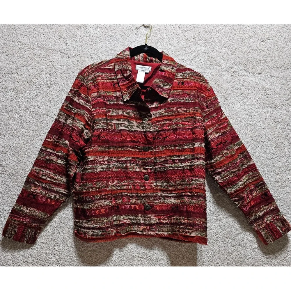 Coldwater Creek PXL Burgundy Textured Embroidered Button Front Jacket‎